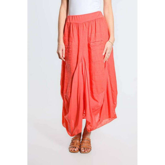 [TINA Stephens Italy/Tees By Tina - Brenna Cotton/Linen Bunched Pocket Skirt (SL102W): 810 Coral], [CLOTHING], [TINA Stephens Italy/Tees By Tina], [Plum Bottom].