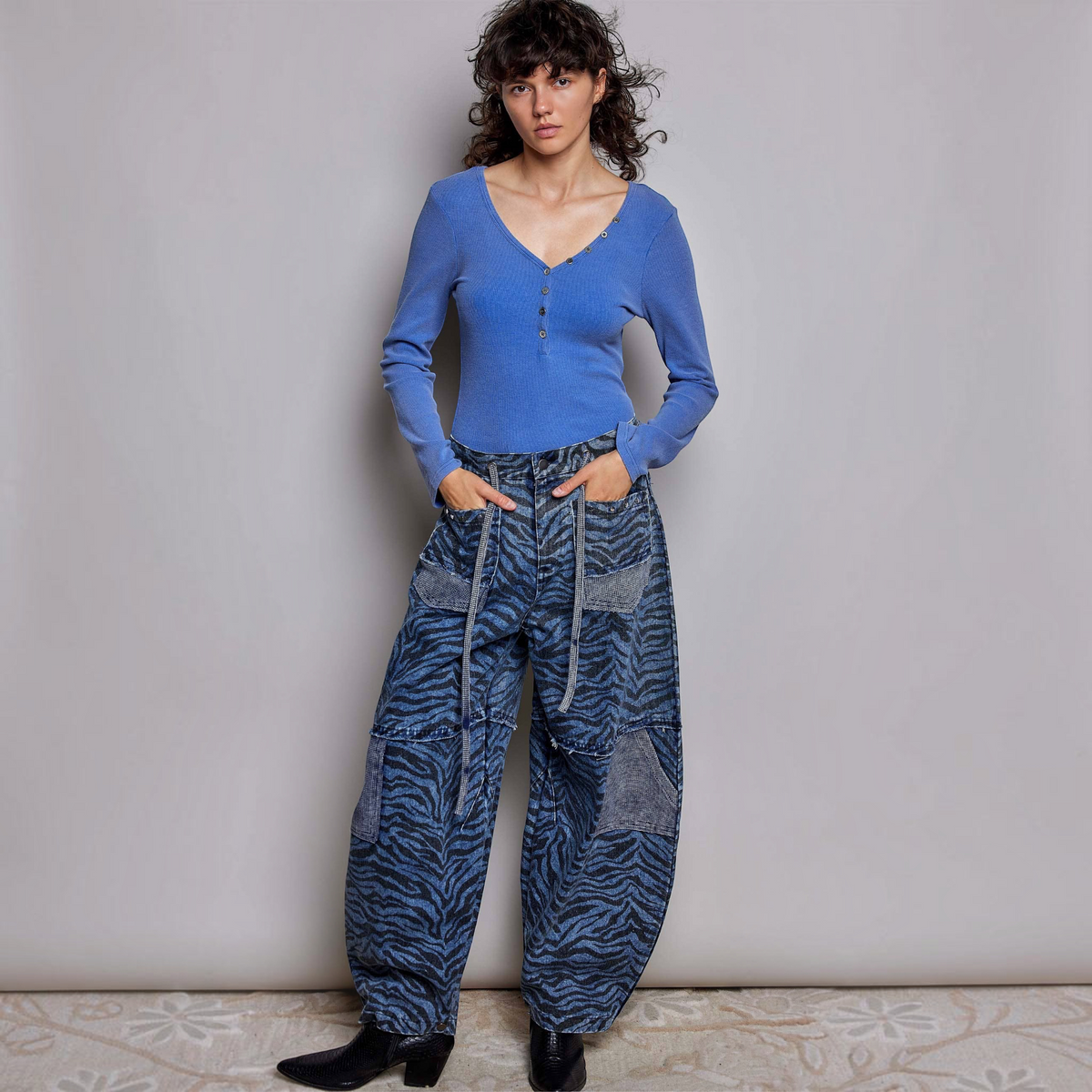 [Pol Clothing - Long Sleeve Novelty Button Wide V Neck Solid Knit Top: ROYAL BLUE / L], [CLOTHING], [Pol Clothing], [Plum Bottom].