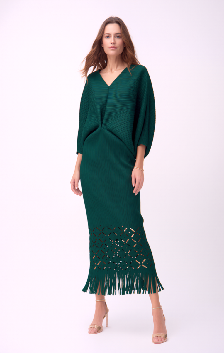 [Ellyndale - Ellyndale Pleated Cutout Dress with Fringe - Dark Green: Dark Green / O/S], [Dresses], [Ellyndale], [Plum Bottom].