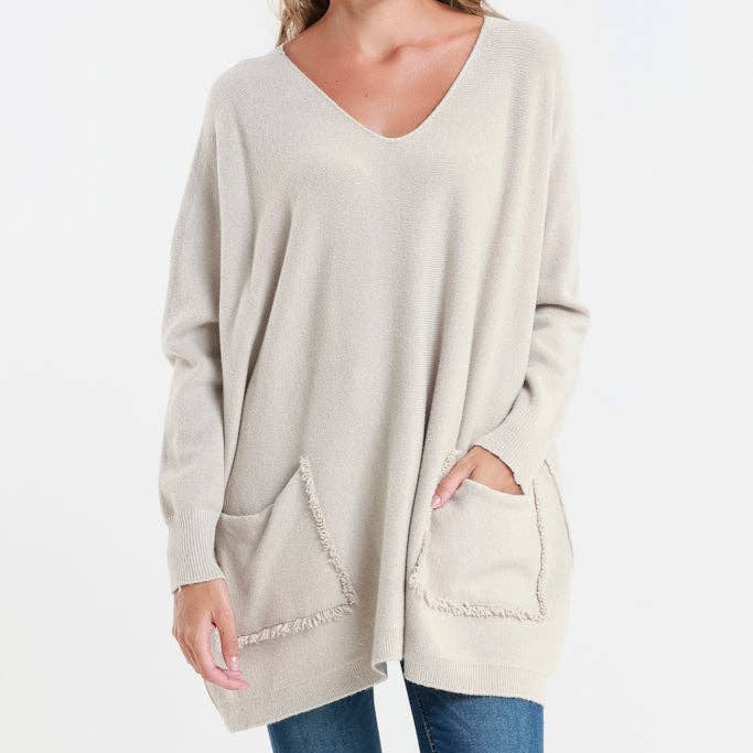 [TINA Stephens Italy/Tees By Tina - Shannon LS Oversize Fringe Pocket Sweater (BLS433): 250 Beige / One Size], [Sweater], [TINA Stephens Italy/Tees By Tina], [Plum Bottom].