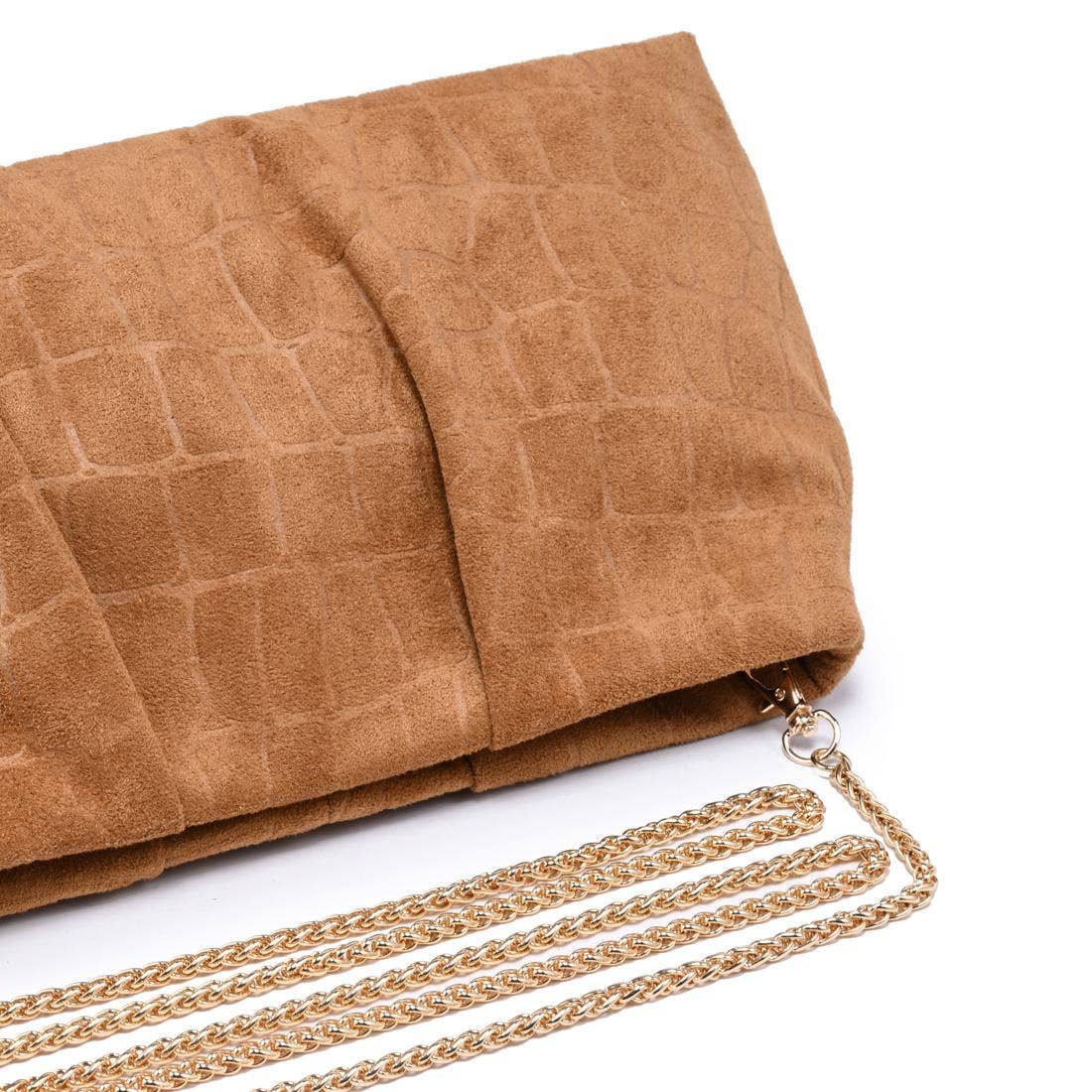 [Moda Luxe - Elva - Croc Embossed Faux Suede Clutch: Tan], [], [Moda Luxe], [Plum Bottom].