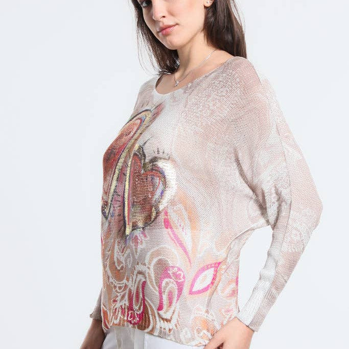 TINA STEPHENS ITALY Danielle Batwing Open Knit Sweater Pink w/Gold