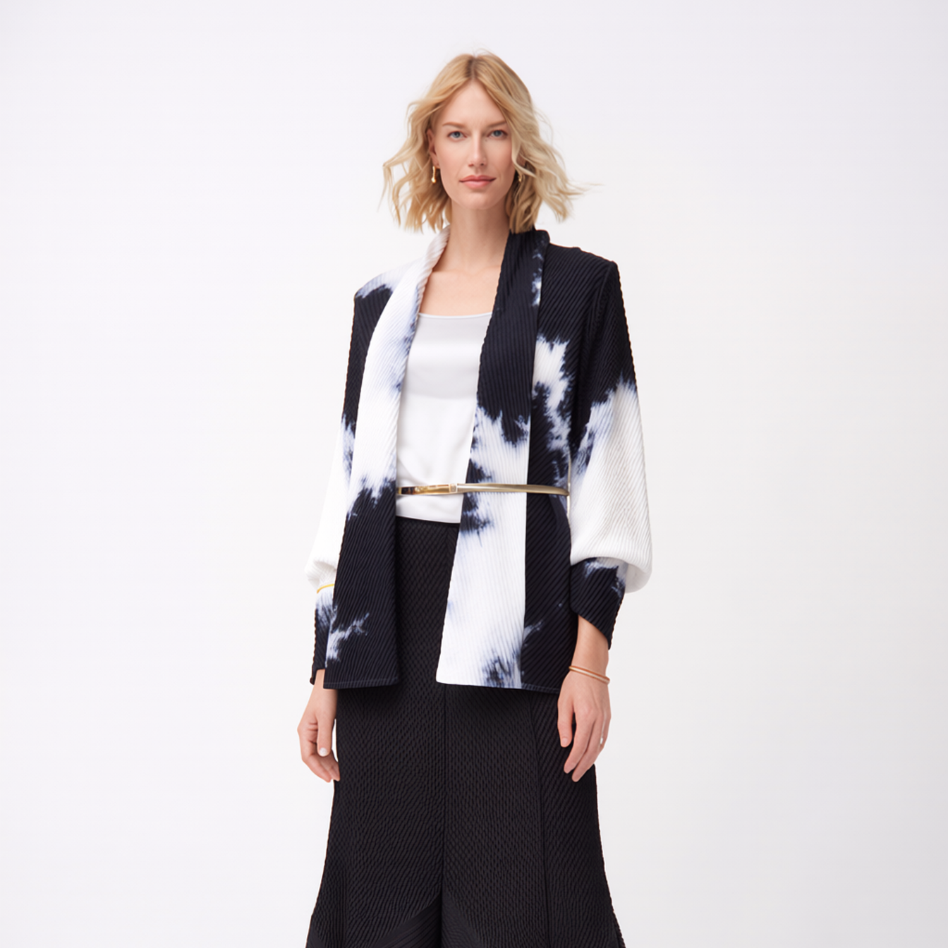 [Ellyndale - Pleating Jacket- Shawl Collar - Watercolor: Watercolor / O/S], [], [Ellyndale], [Plum Bottom].
