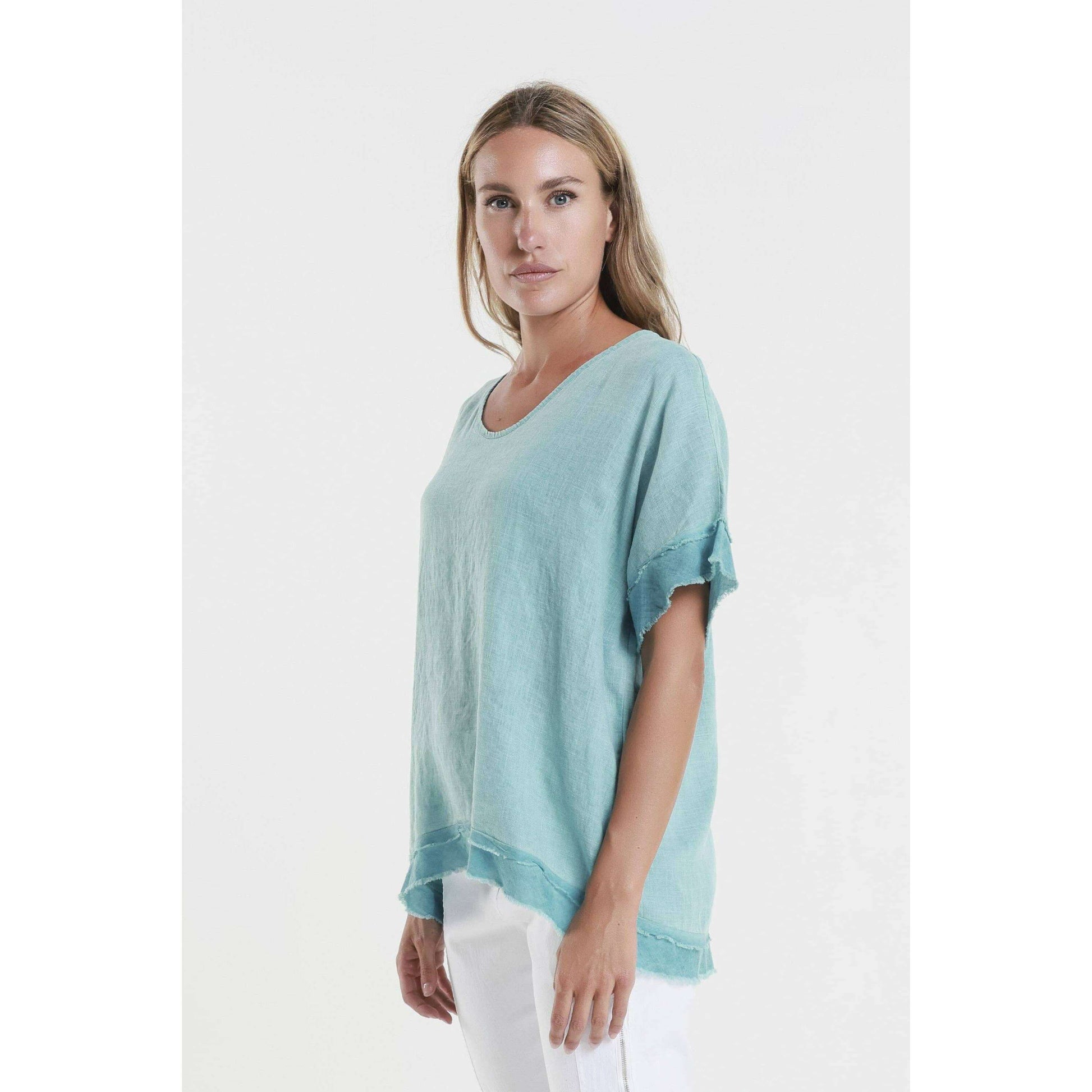 TINA Stephens Italy/Tees By Tina - Lucy V-Neck Ruffle Edge Top (BSS910): 328 Teal Enzyme / One Size, CLOTHING, TINA Stephens Italy/Tees By Tina, Plum Bottom