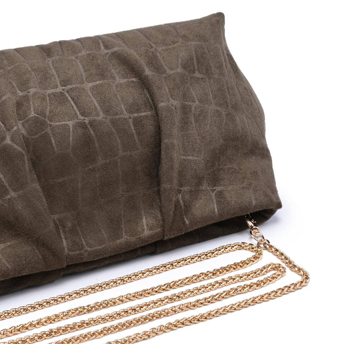 [Moda Luxe - Elva - Croc Embossed Faux Suede Clutch: Chocolate], [Handbags], [Moda Luxe], [Plum Bottom].