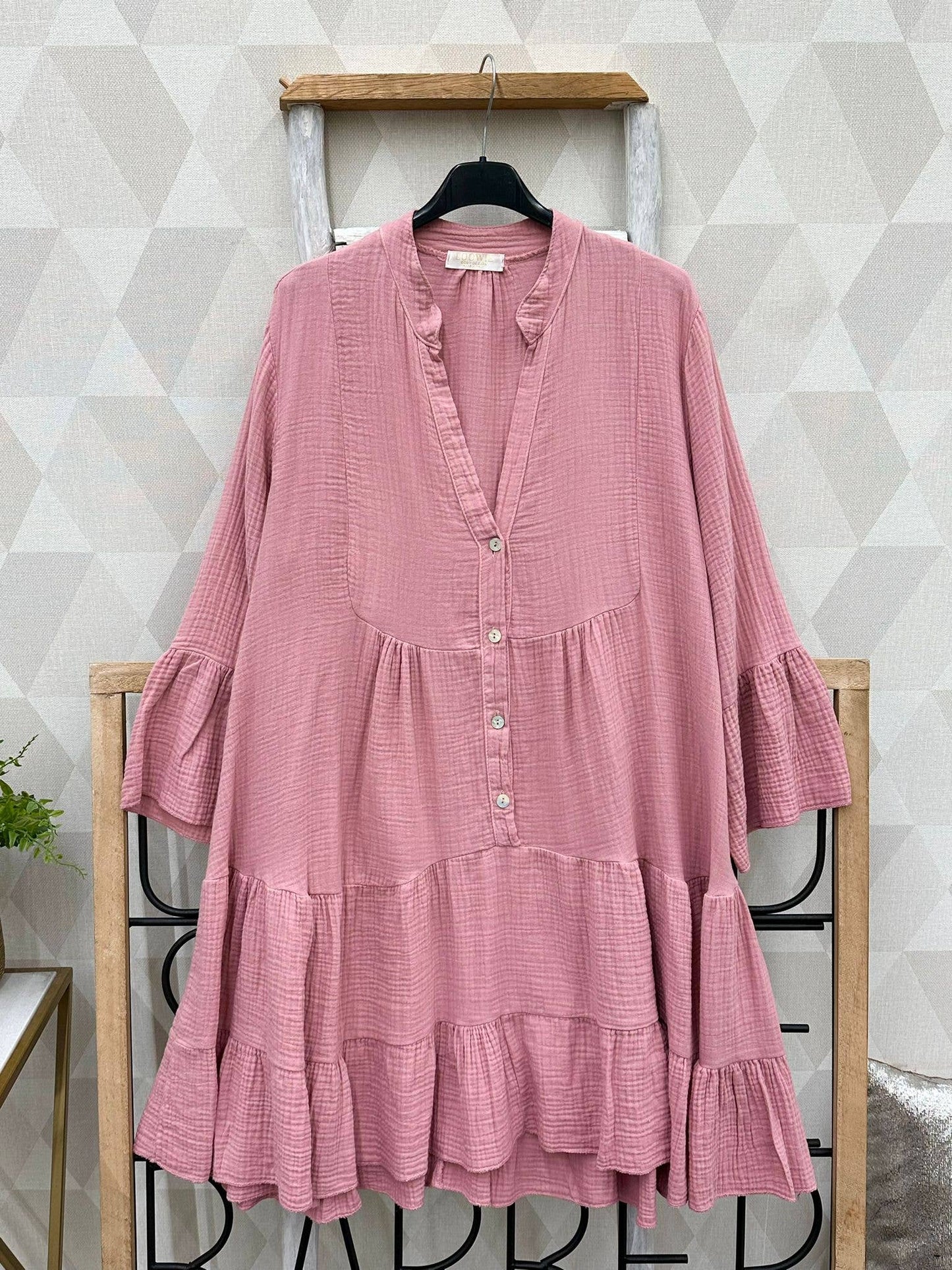 [LOOWIE - SWPI Pink Gauze Cotton Italian Short Dress 3/4 Sleeves], [Dresses], [LOOWIE], [Plum Bottom].