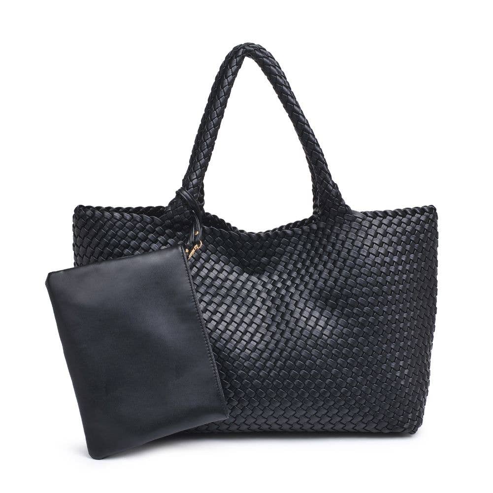 [Moda Luxe - Solana Woven Vegan Leather Tote: Black], [Handbag], [Moda Luxe], [Plum Bottom].