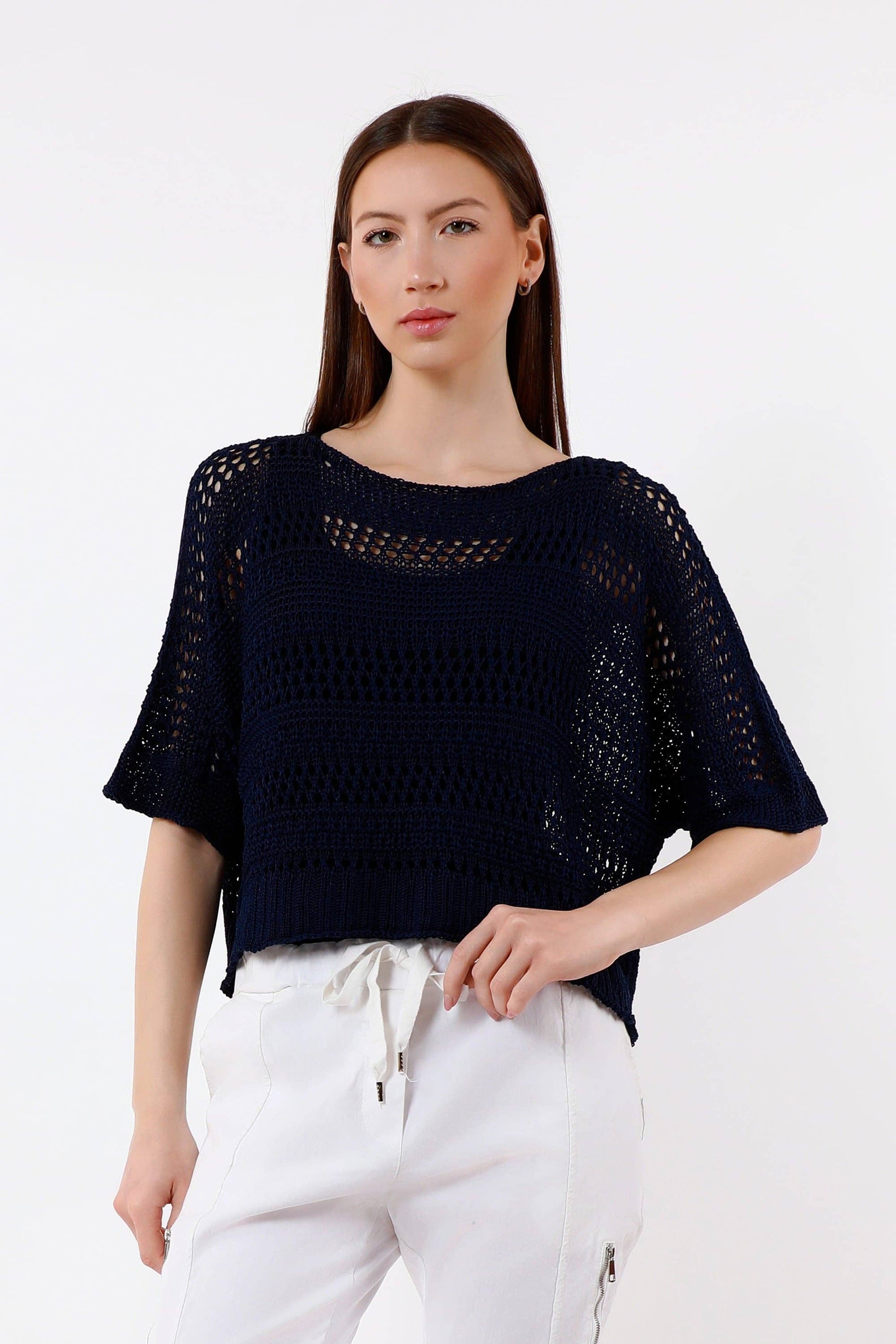 [TINA Stephens Italy/Tees By Tina - Divya Short Sleeve Cropped Open Knit Topper (BQ916): 409 Navy / One Size], [Tops], [TINA Stephens Italy/Tees By Tina], [Plum Bottom].
