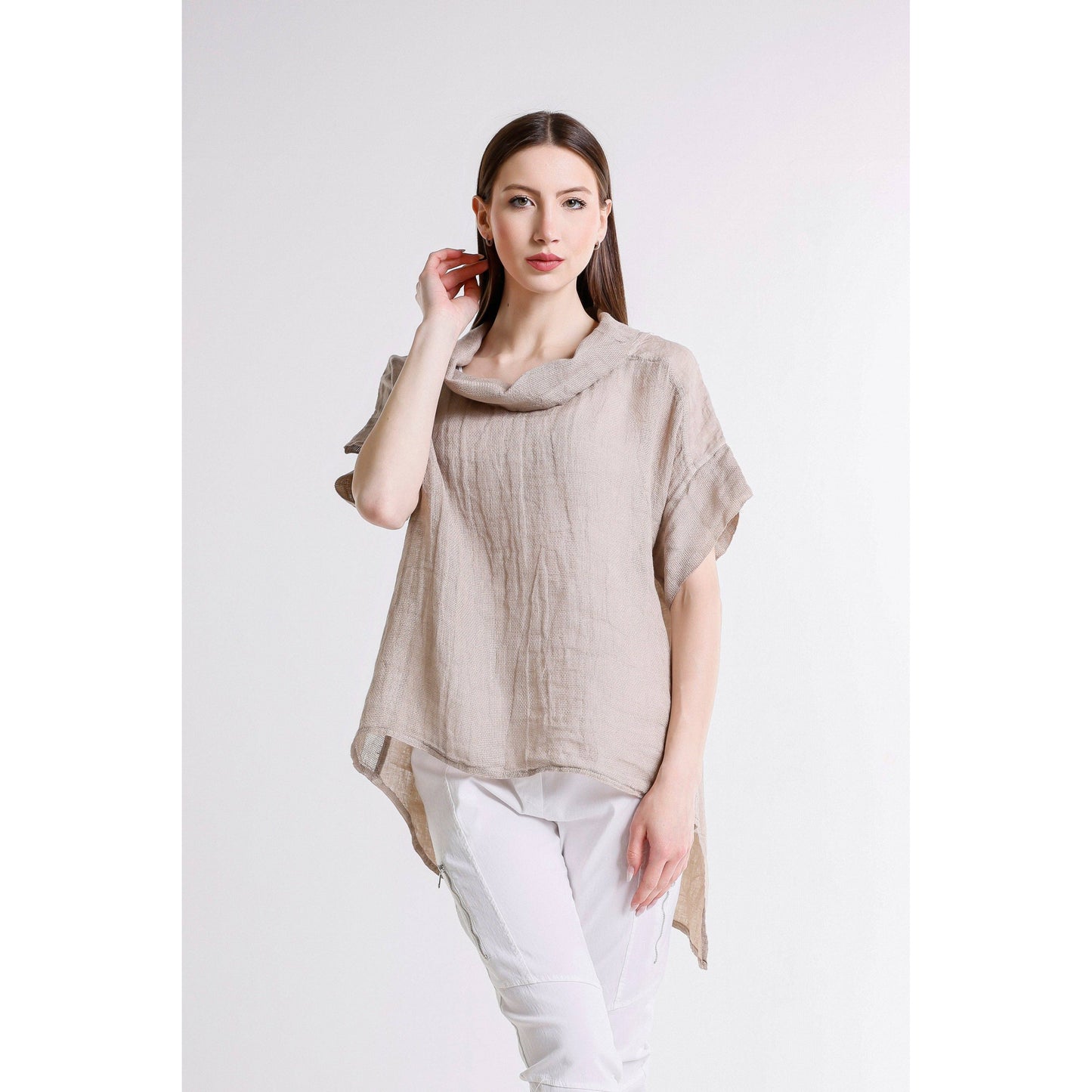 [TINA Stephens Italy/Tees By Tina - Cassidy Drape Neck Bubble Linen Top (BSS908): 286 Cashmere / One Size], [CLOTHING], [TINA Stephens Italy/Tees By Tina], [Plum Bottom].