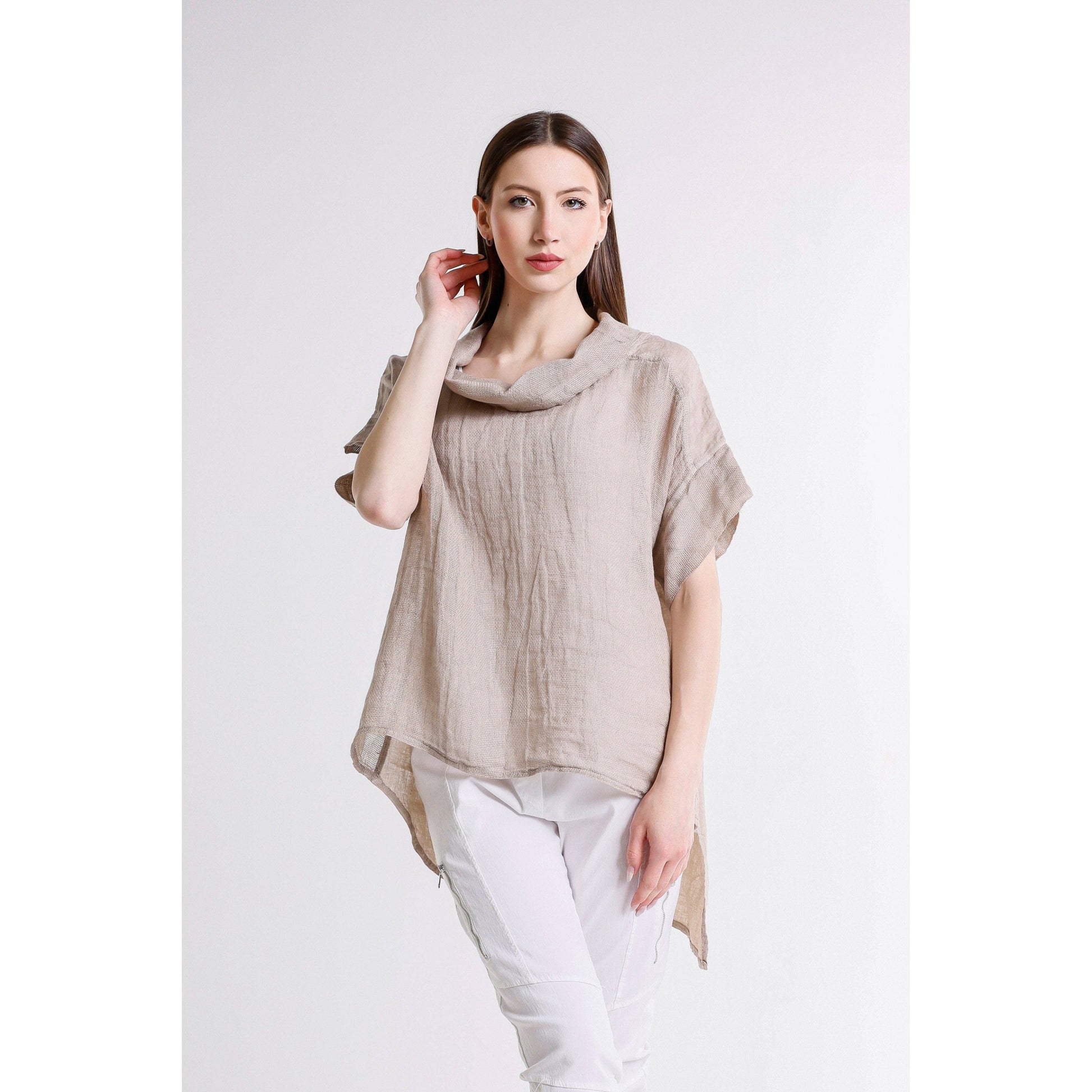 [TINA Stephens Italy/Tees By Tina - Cassidy Drape Neck Bubble Linen Top (BSS908): 286 Cashmere / One Size], [CLOTHING], [TINA Stephens Italy/Tees By Tina], [Plum Bottom].