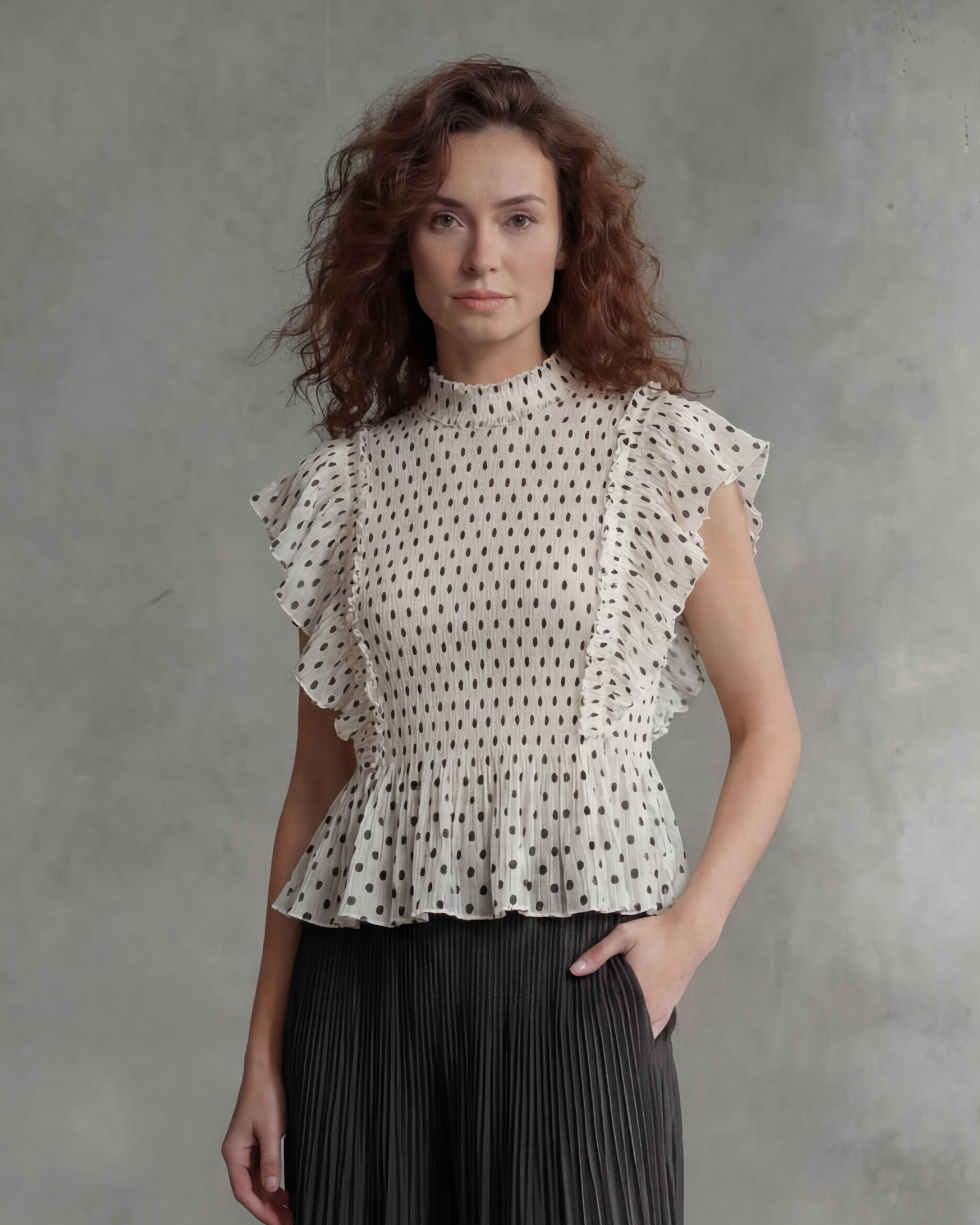 [Ellyndale - Pleating Ruffle Polka dot Top - Black: Black / O/S], [Tops], [Ellyndale], [Plum Bottom].