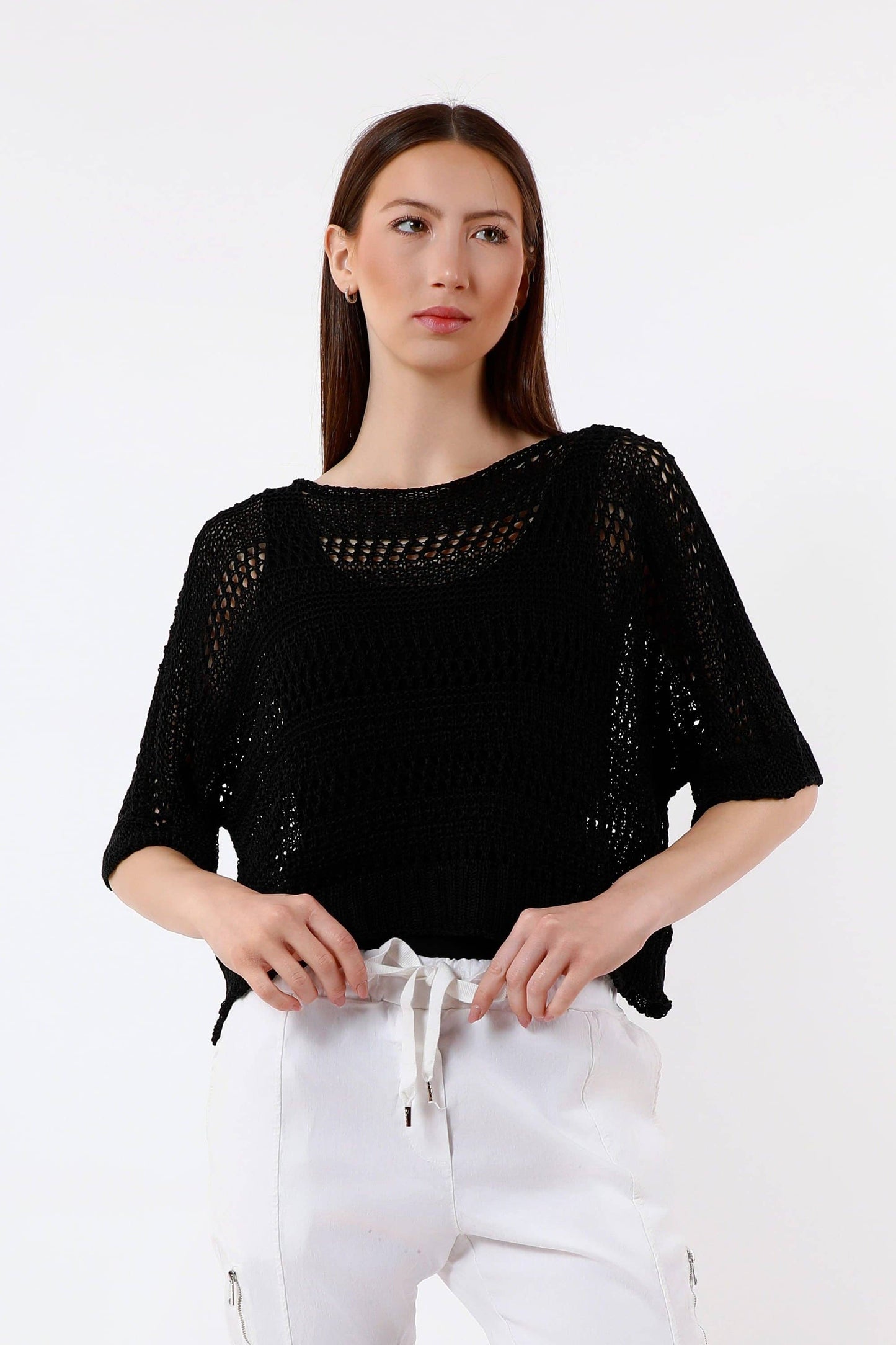 [TINA Stephens Italy/Tees By Tina - Divya Short Sleeve Cropped Open Knit Topper (BQ916): 409 Navy / One Size], [Tops], [TINA Stephens Italy/Tees By Tina], [Plum Bottom].