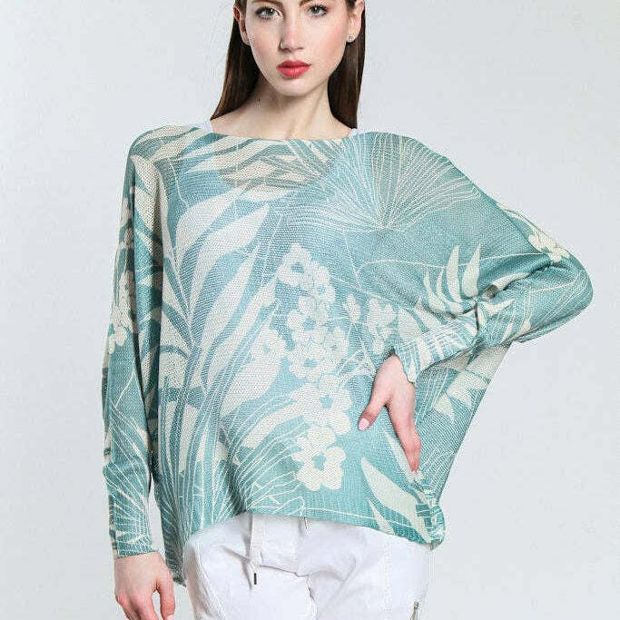 [TINA Stephens Italy/Tees By Tina - Palm Danielle LS Batwing Open Knit Sweater w/ Removable Line (BLS424P): 442 Aqua / One Size], [CLOTHING], [TINA Stephens Italy/Tees By Tina], [Plum Bottom].