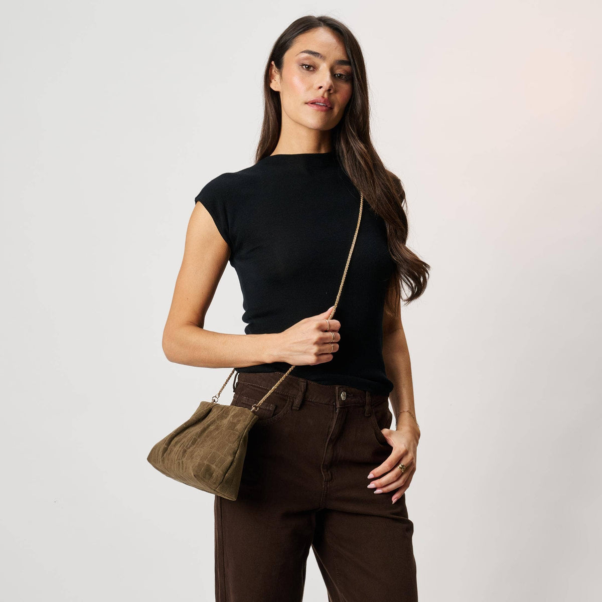 [Moda Luxe - Elva - Croc Embossed Faux Suede Clutch: Olive], [Handbags], [Moda Luxe], [Plum Bottom].