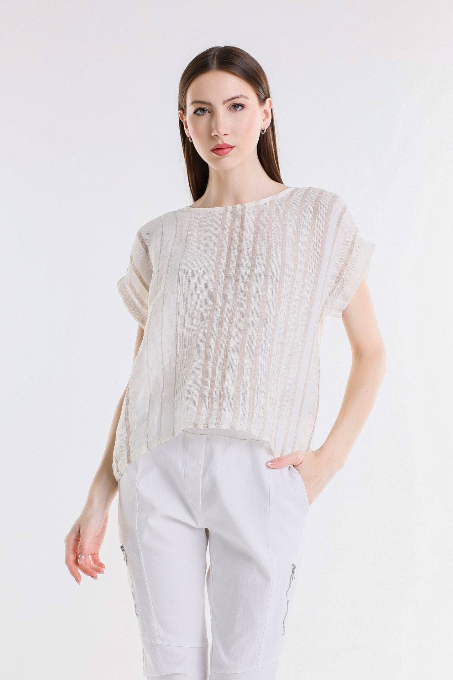 [TINA Stephens Italy/Tees By Tina - Heidi Short Sleeve Specialty Linen Striped Top (BSS914): 109B Natural w/ Beige / One Size], [CLOTHING], [TINA Stephens Italy/Tees By Tina], [Plum Bottom].