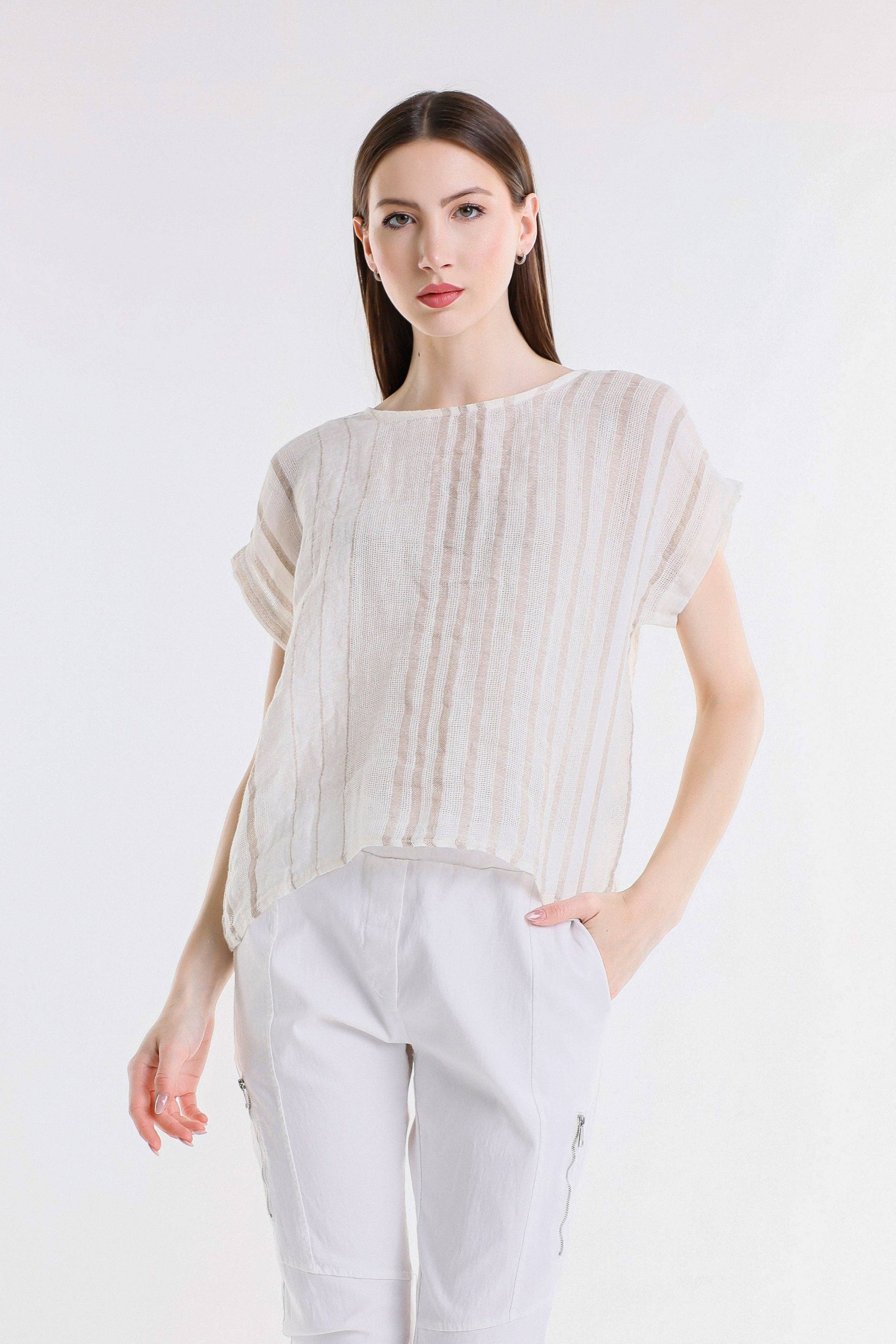 [TINA Stephens Italy/Tees By Tina - Heidi Short Sleeve Specialty Linen Striped Top (BSS914): 109B Natural w/ Beige / One Size], [CLOTHING], [TINA Stephens Italy/Tees By Tina], [Plum Bottom].