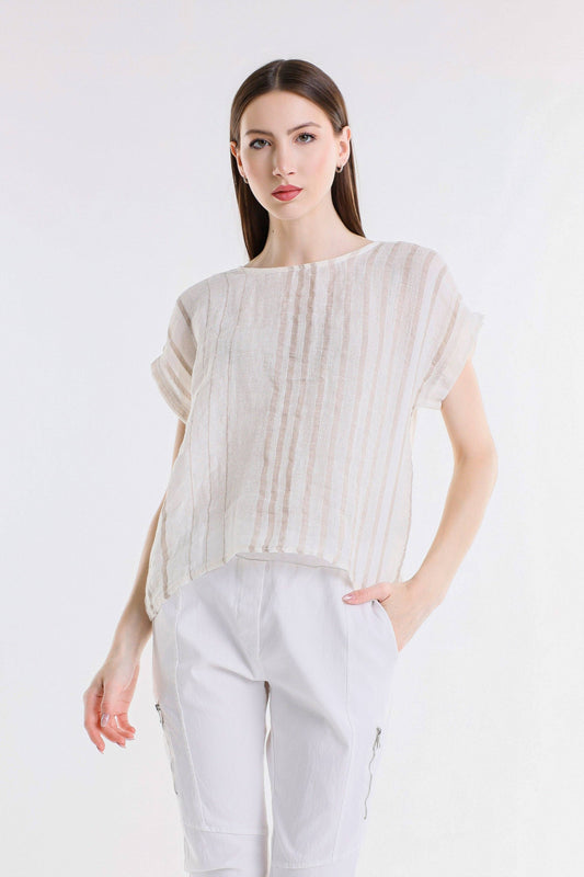 [TINA Stephens Italy/Tees By Tina - Heidi Short Sleeve Specialty Linen Striped Top (BSS914): 109B Natural w/ Beige / One Size], [CLOTHING], [TINA Stephens Italy/Tees By Tina], [Plum Bottom].