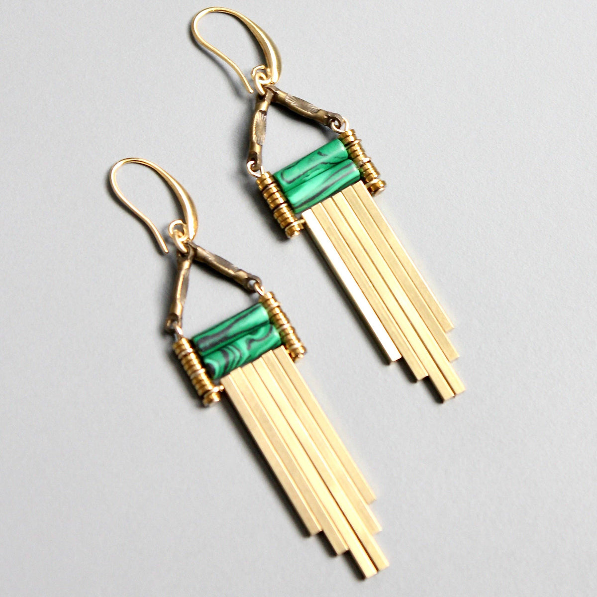 [David Aubrey Jewelry - NDNE25 Malachite and brass artdeco earrings], [Earrings], [David Aubrey Jewelry], [Plum Bottom].