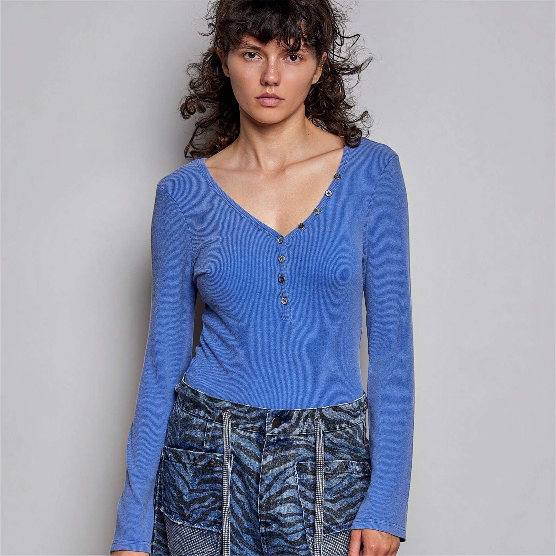 [Pol Clothing - Long Sleeve Novelty Button Wide V Neck Solid Knit Top: ROYAL BLUE / L], [CLOTHING], [Pol Clothing], [Plum Bottom].