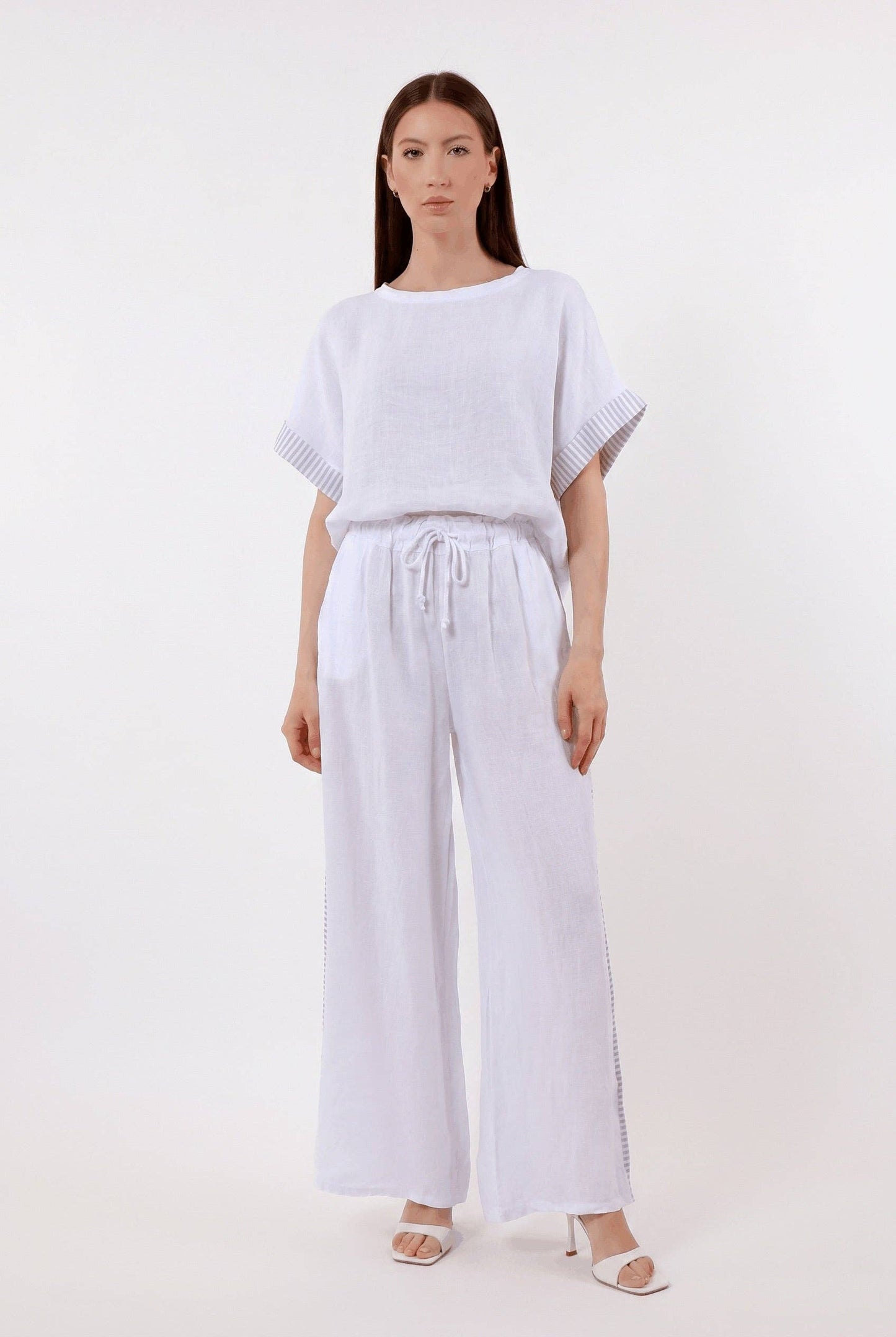 [TINA Stephens Italy/Tees By Tina - Brie Stripe Trim Short Sleeve Linen Top (BSS936PR): 286 Cashmere / One Size], [Tops], [TINA Stephens Italy/Tees By Tina], [Plum Bottom].