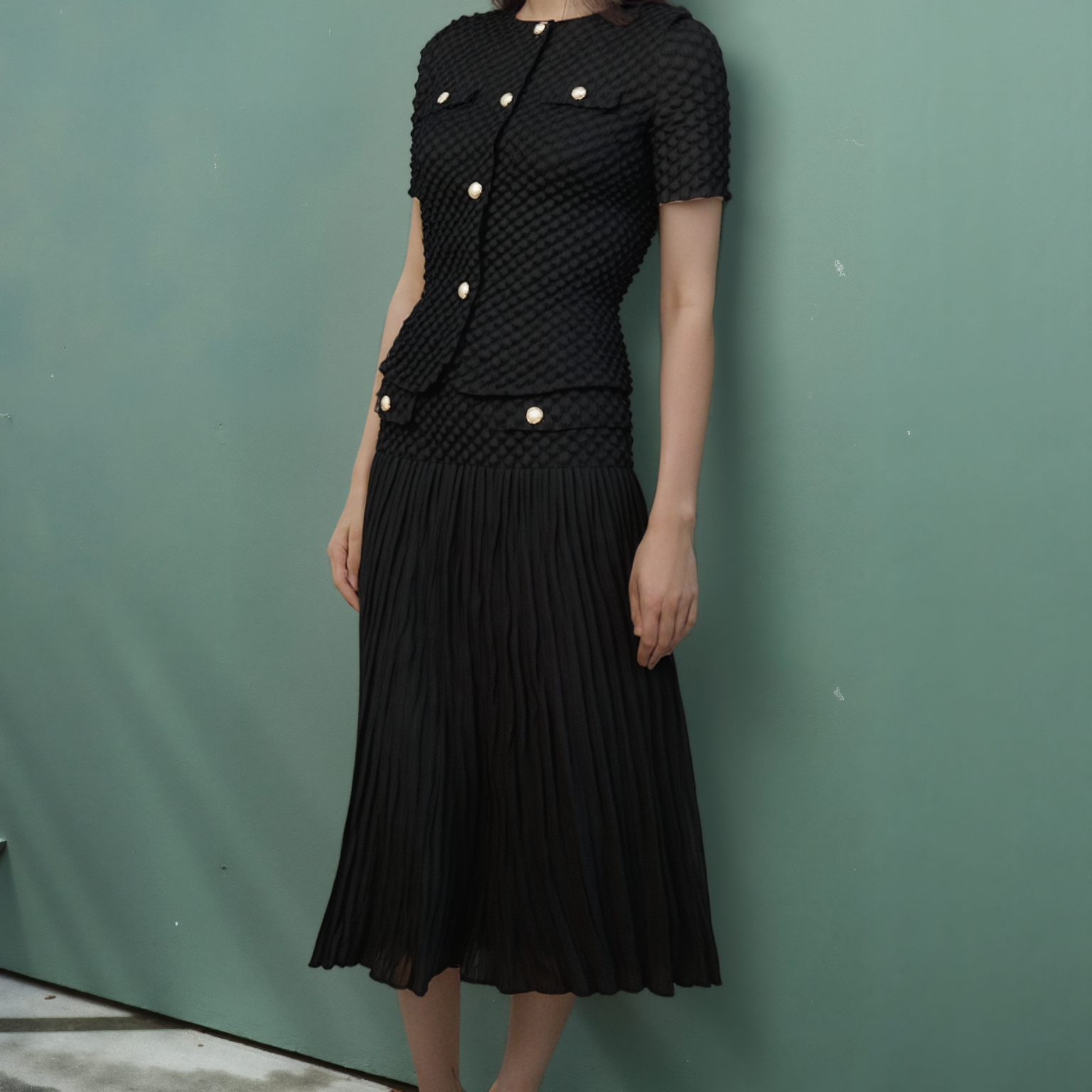 [Ellyndale - Pleated Chanel look mock pockets skirt ( Black ): Black / O/S], [Skirts], [Ellyndale], [Plum Bottom].