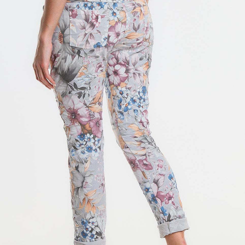 TINA STEPHENS ITALY Daelyn Multi-Flower Pull On Pant Grey