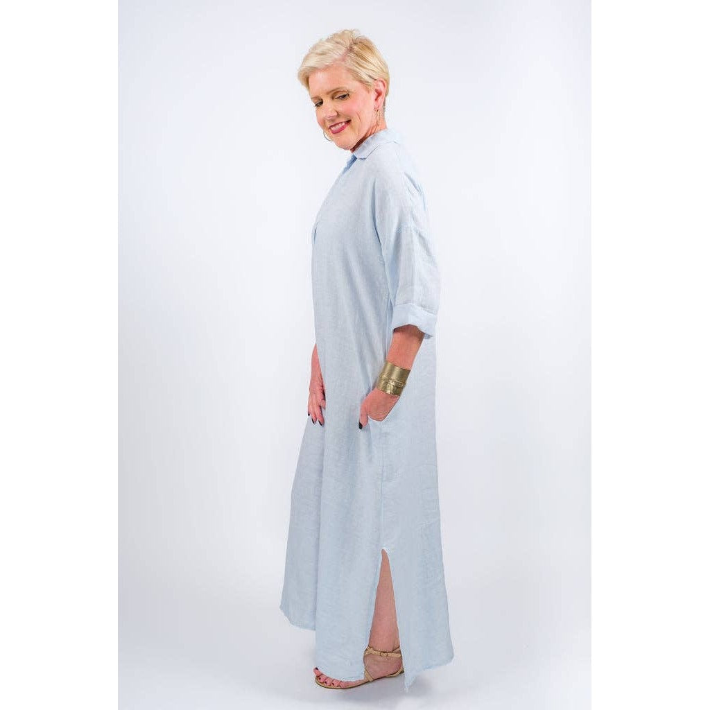 [TINA Stephens Italy/Tees By Tina - Fernanda Open Collar Linen Dress (DQ107): 455 Ice Blue], [CLOTHING], [TINA Stephens Italy/Tees By Tina], [Plum Bottom].