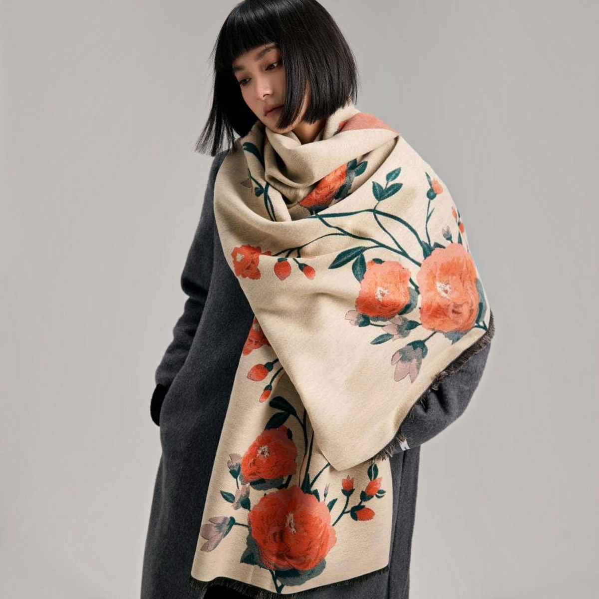 [Winding River - Orange / Green Blossom Reversible Wrap], [Scarf], [Winding River], [Plum Bottom].