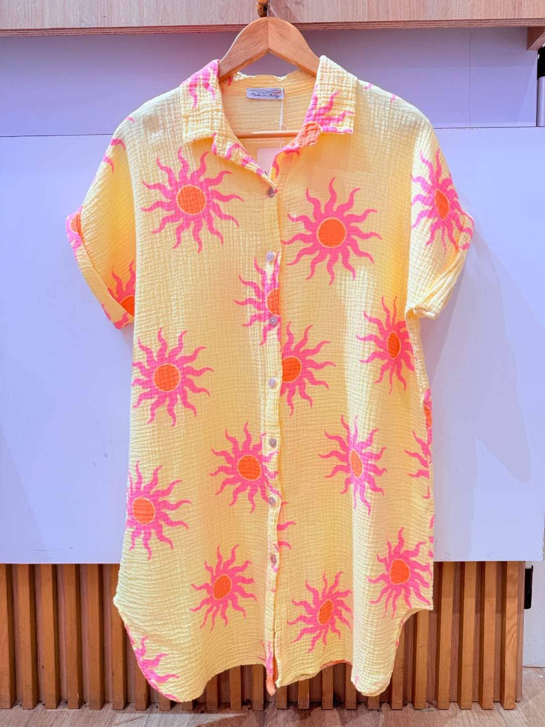 [LOOWIE - IVT260714YL Cotton Sun Print Shirt Dress Yellow], [Dresses], [LOOWIE], [Plum Bottom].