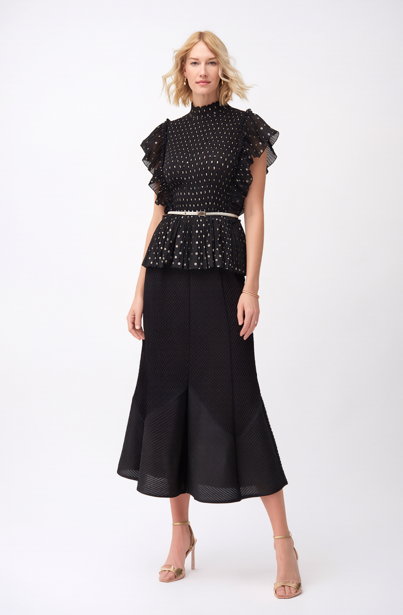 [Ellyndale - Pleating Ruffle Polka dot Top - Black: Black / O/S], [Tops], [Ellyndale], [Plum Bottom].