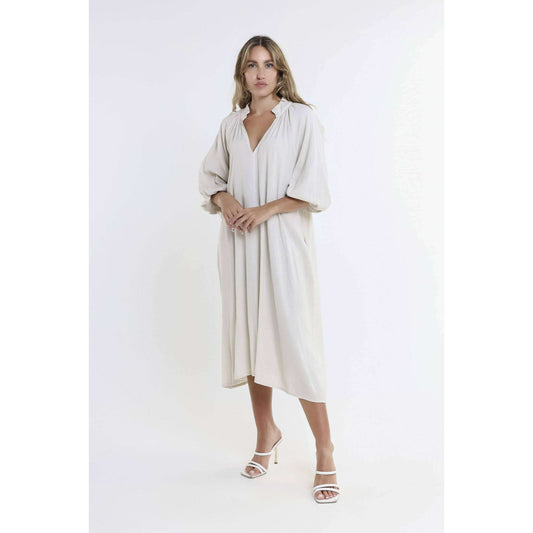 [TINA Stephens Italy/Tees By Tina - Katrina Blouson Sleeve Linen Dress (DLS103): 250 Beige / One Size], [CLOTHING], [TINA Stephens Italy/Tees By Tina], [Plum Bottom].