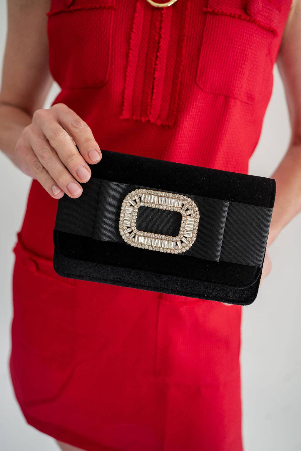 [Lisi Lerch - Black Velvet Ruby Clutch- Black Flat Bow- RS Buckle - WS], [Handbag], [Lisi Lerch], [Plum Bottom].