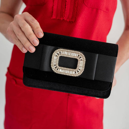 [Lisi Lerch - Black Velvet Ruby Clutch- Black Flat Bow- RS Buckle - WS], [Handbag], [Lisi Lerch], [Plum Bottom].