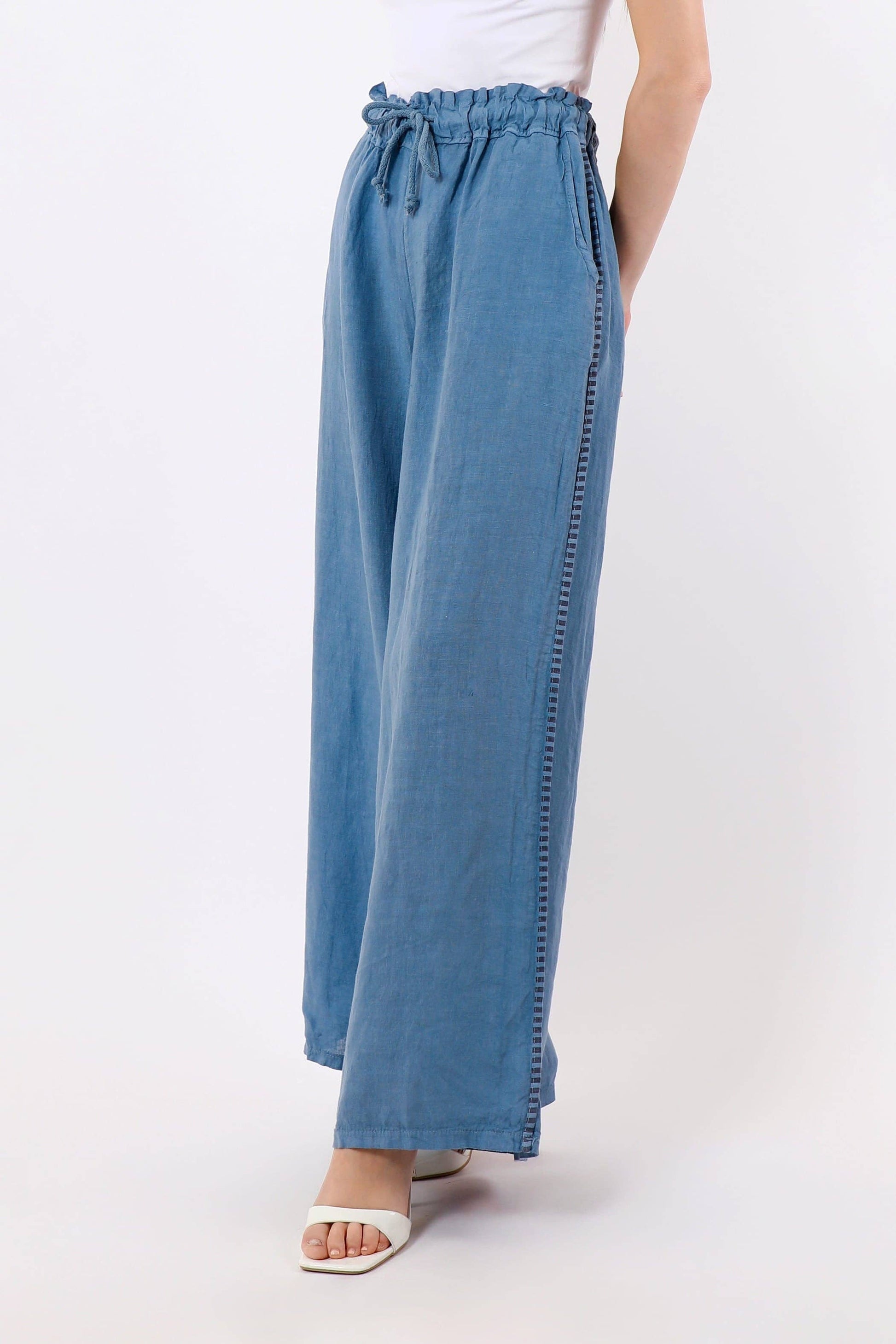 [TINA Stephens Italy/Tees By Tina - Harlowe Stripe Trim Linen Pant (PL928PR): 427 Jeans / One Size], [Pants], [TINA Stephens Italy/Tees By Tina], [Plum Bottom].