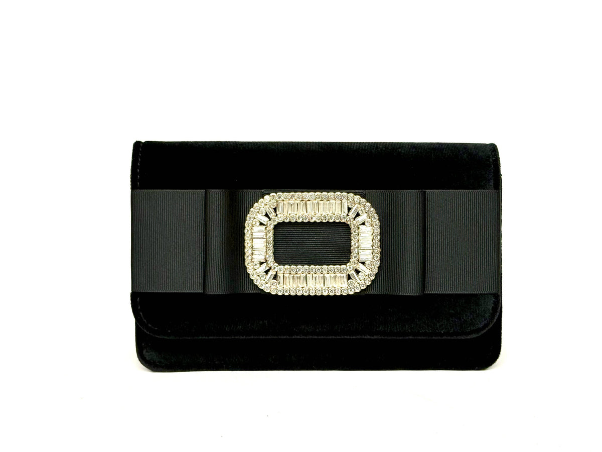 [Lisi Lerch - Black Velvet Ruby Clutch- Black Flat Bow- RS Buckle - WS], [Handbag], [Lisi Lerch], [Plum Bottom].