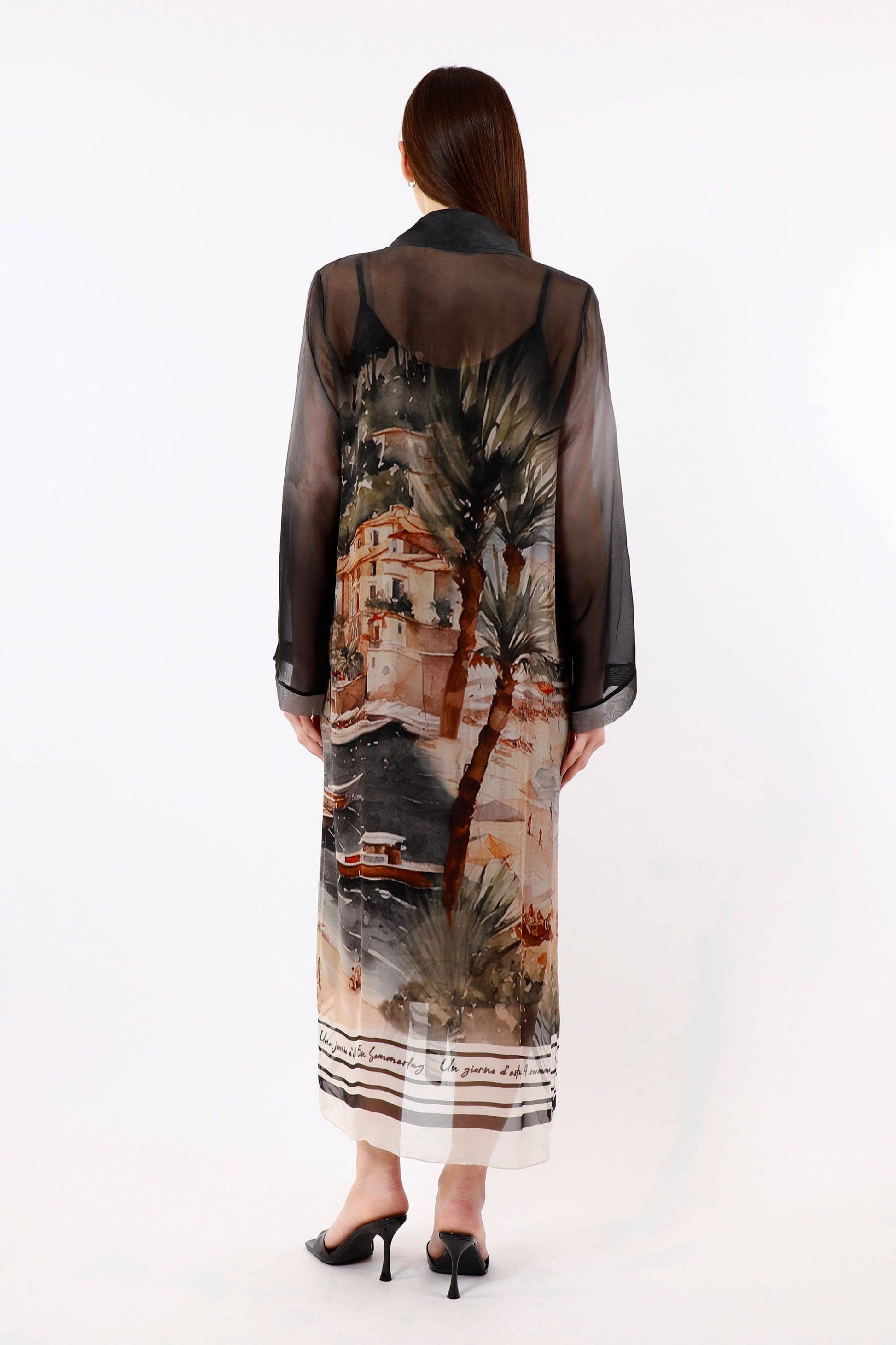 [TINA Stephens Italy/Tees By Tina - Asher Positano 3/4 Sleeve Silk Button Dress (DQ211P): 001 Black / One Size], [Dresses], [TINA Stephens Italy/Tees By Tina], [Plum Bottom].