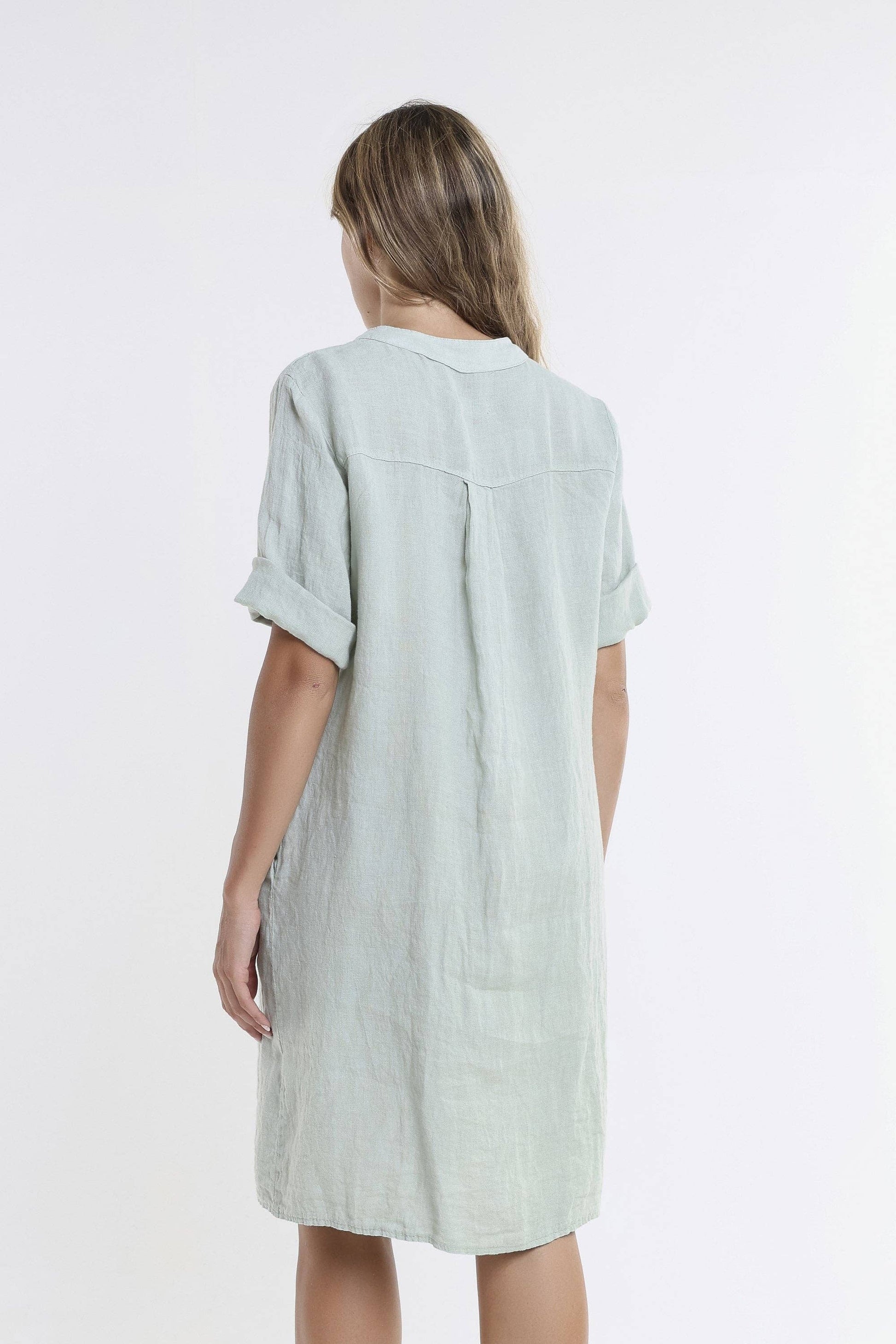 [TINA Stephens Italy/Tees By Tina - Lizzie Short Sleeve Linen Placket Dress (DSS140): 316 Olive / One Size], [CLOTHING], [TINA Stephens Italy/Tees By Tina], [Plum Bottom].
