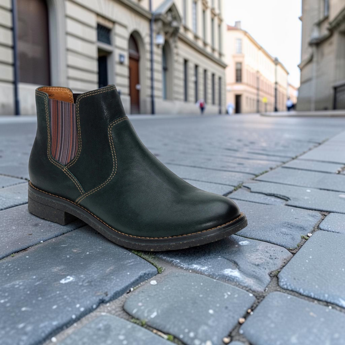 Plum Bottom AETREX Kaylee dark green leather Chelsea boot with striped side gore and durable rubber outsole.