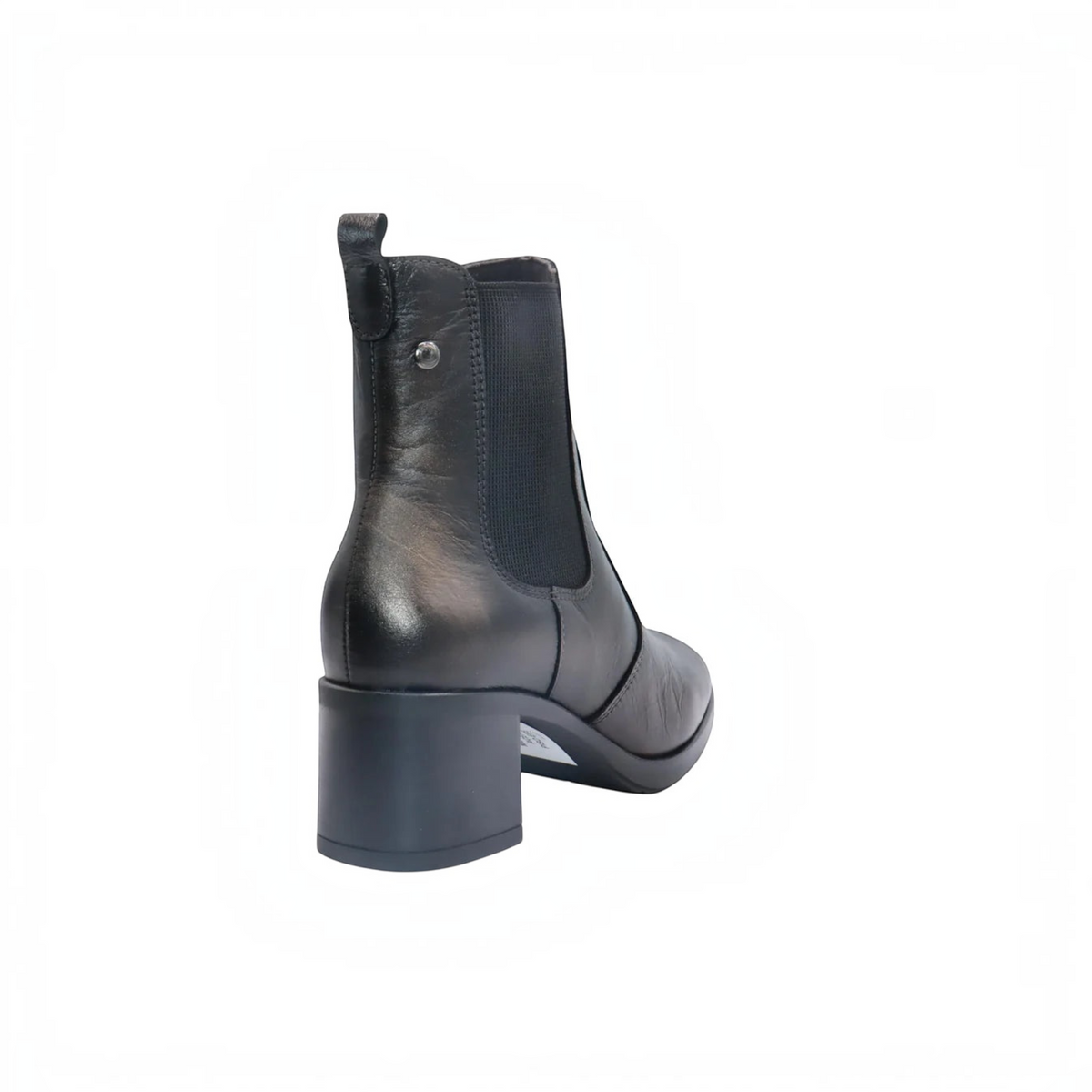 Plum Bottom Eric Michael Betsy black leather Chelsea boot with a block heel, shown from the back view.