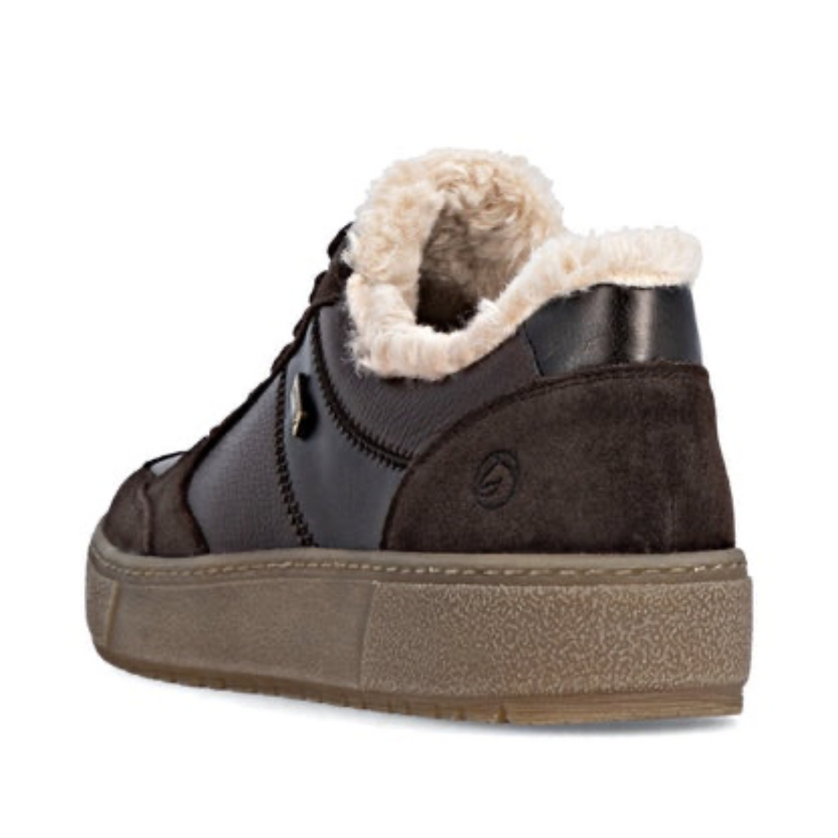 Plum Bottom REMONTE D2T02-25 dark brown sneaker with faux fur lining and textured leather upper, rear view