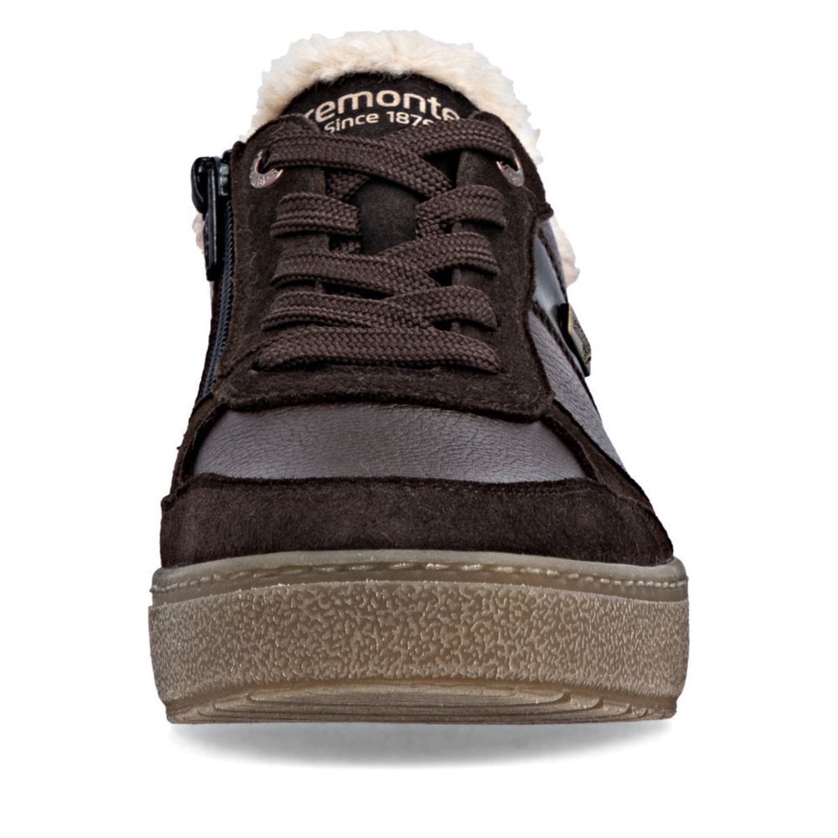 Plum Bottom REMONTE D2T02-25 dark brown leather sneaker with faux fur lining and side zipper, front view
