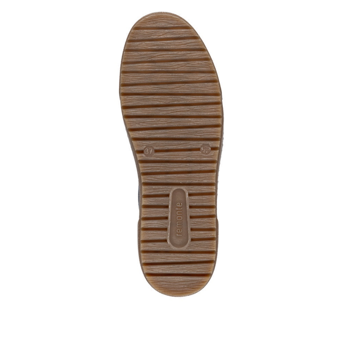 Plum Bottom REMONTE D2T02-25 sneaker showing the brown rubber ridged outsole with brand logo detail