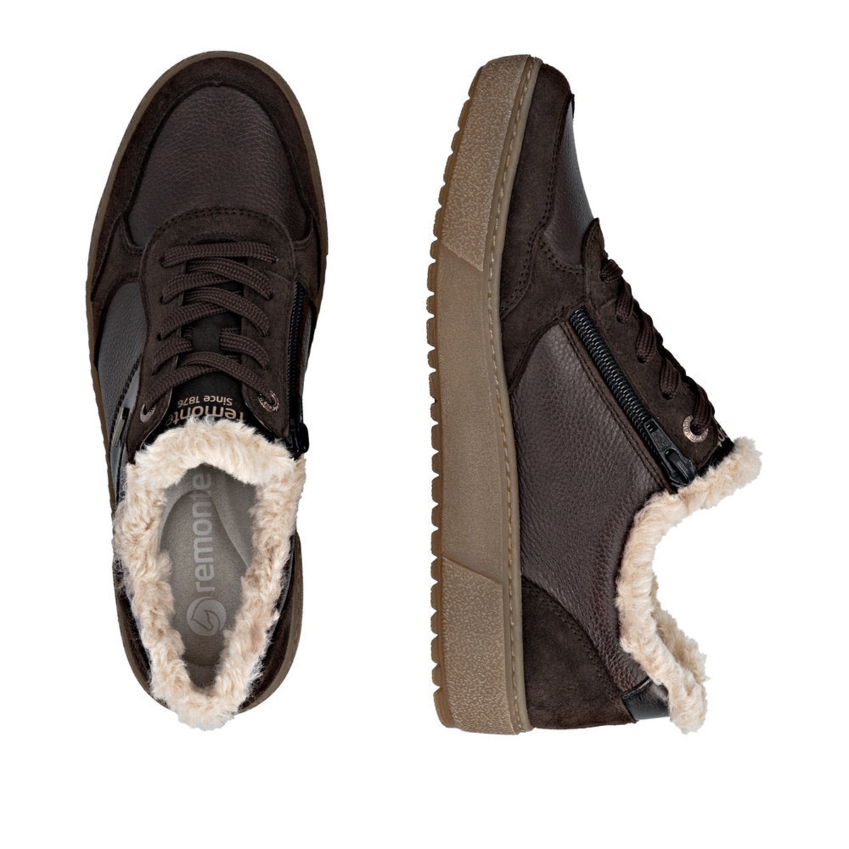 Plum Bottom REMONTE D2T02-25 dark brown leather sneakers with faux fur lining and side zipper closure