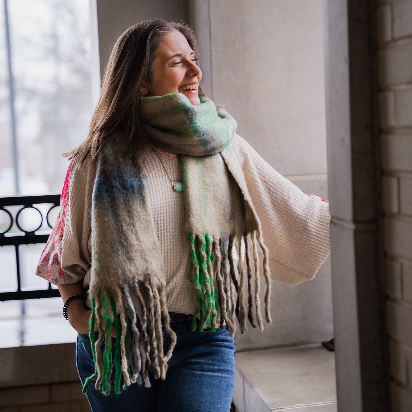 Panache - Oversized Scarf - Tan/Blue/Green