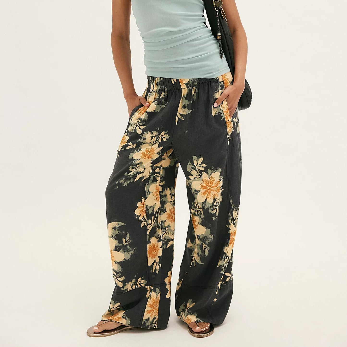 FREE PEOPLE - Day's End Linen Printed Pull-On Pant - Washed Black Combo Floral