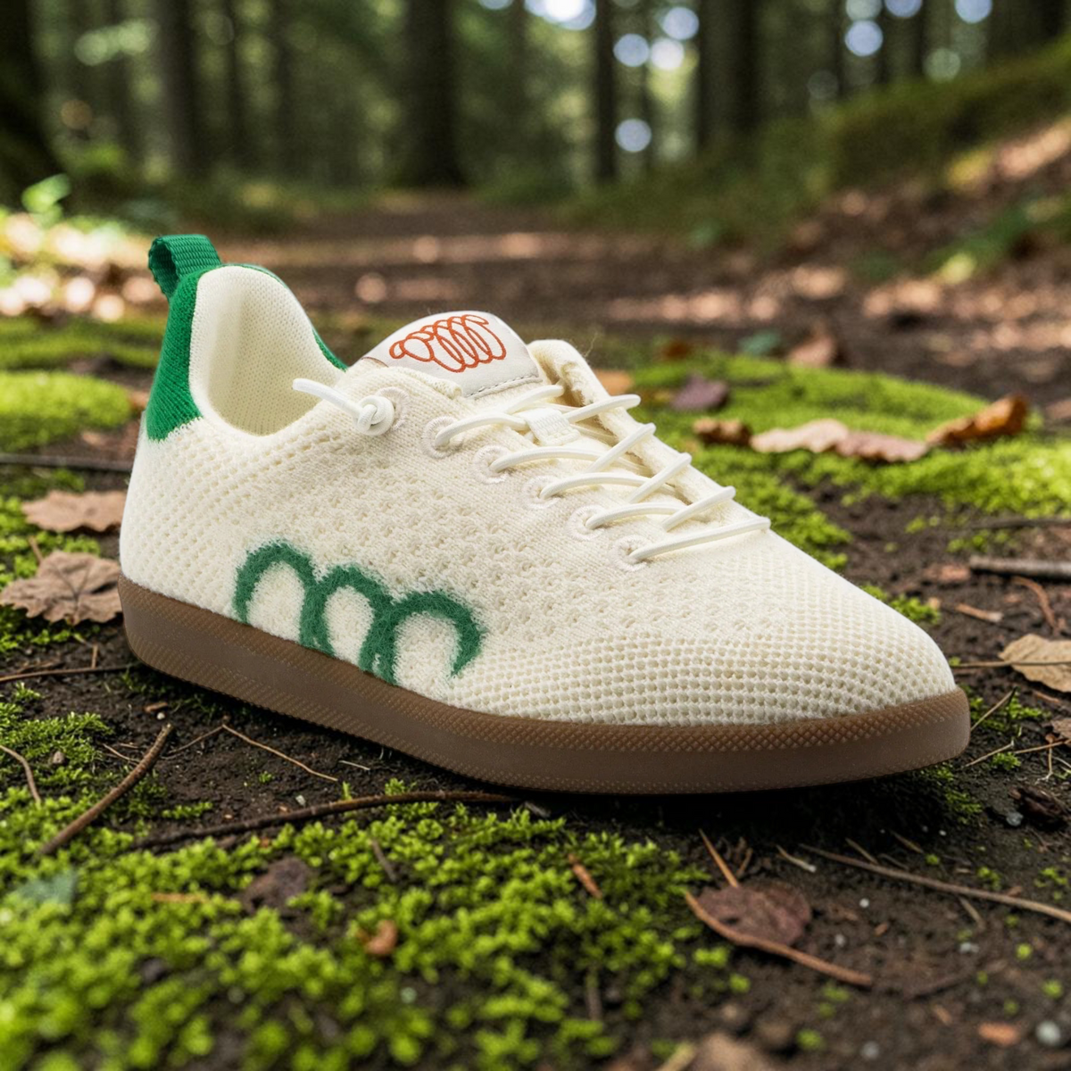 Plum Bottom Woolloomooloo Engadine sneaker in ecru white knitted Merino wool with green accents and elastic laces.