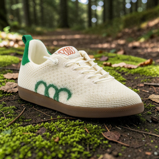 Plum Bottom Woolloomooloo Engadine sneaker in ecru white knitted Merino wool with green accents and elastic laces.