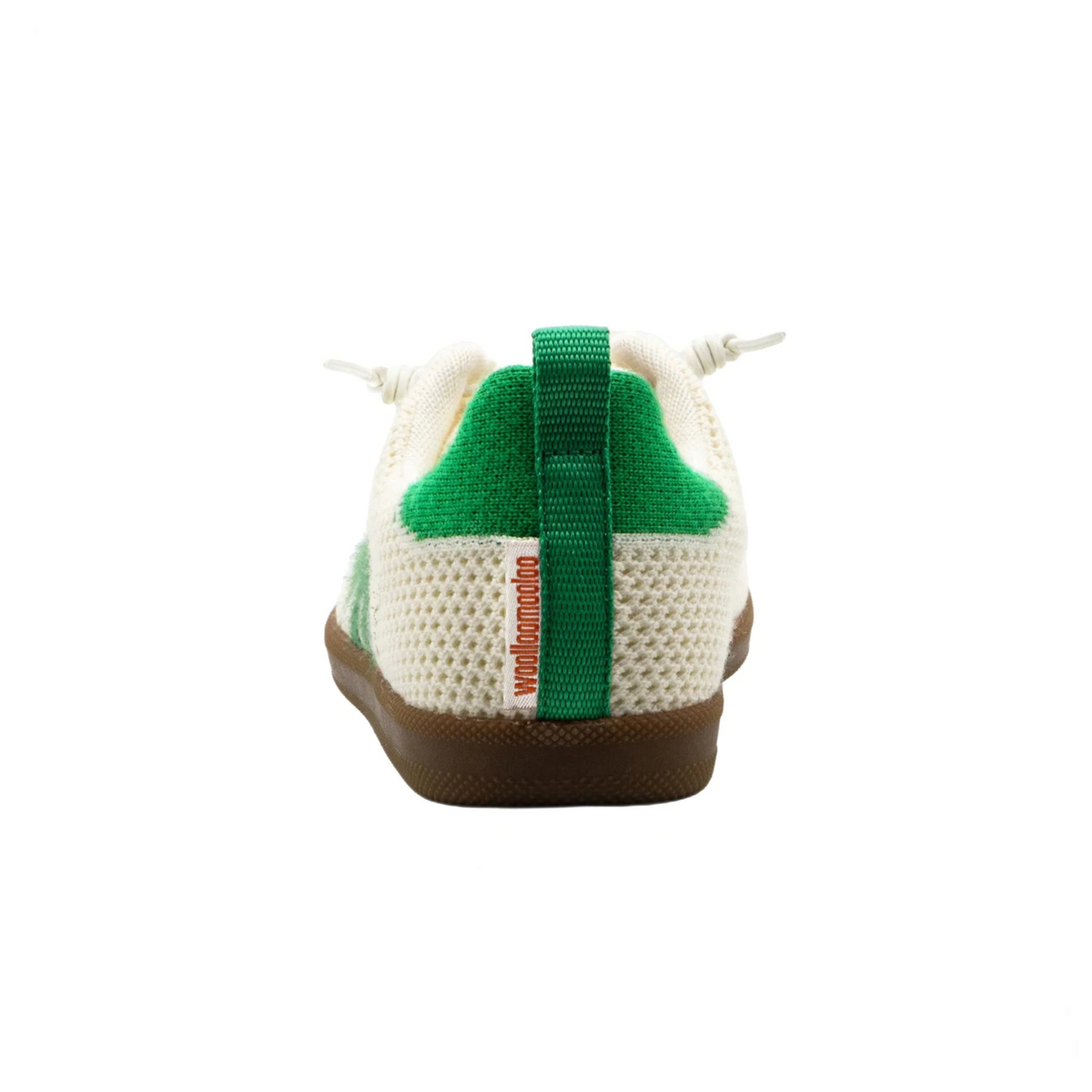Plum Bottom WOOLLOOMOOLOO Engadine sneaker in ecru white and green knitted Merino wool with elastic laces, back view.