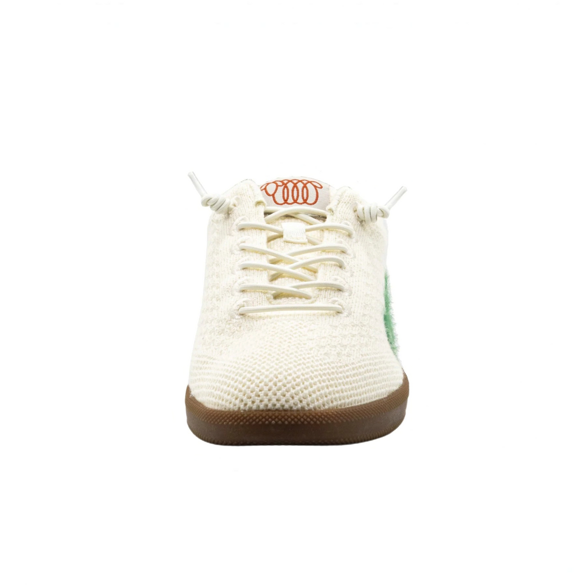 Plum Bottom WOOLLOOMOOLOO Engadine sneaker in ecru white knitted Merino wool with green accents and elastic laces.