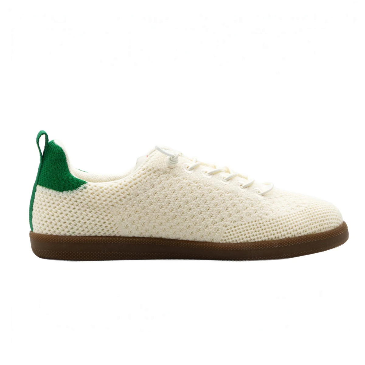 Plum Bottom WOOLLOOMOOLOO Engadine sneaker in ecru white knitted Merino wool with green heel tab and gum sole.